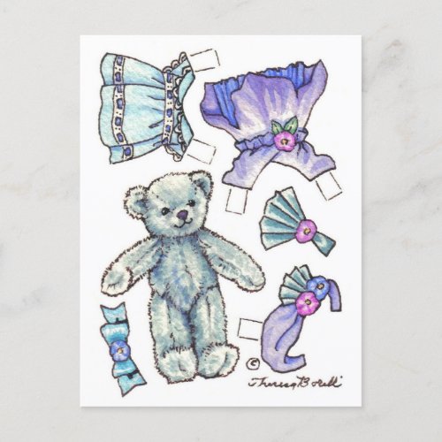 Blue Petunia Teddy Bear Paper Doll cute Postcard