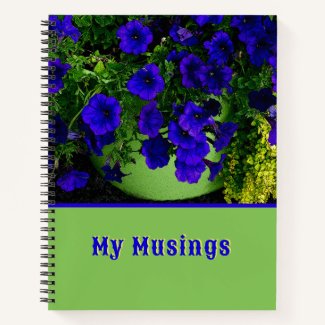 BLUE PETUNIAS IN GREEN POT