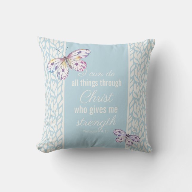 Blue Philippians 4:13 Butterfly Throw Pillow (Front)