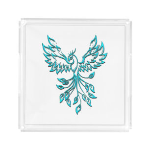 Blue Phoenix Rises on White Acrylic Tray