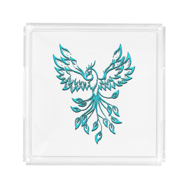 Blue Phoenix Rises on White Acrylic Tray (Front)