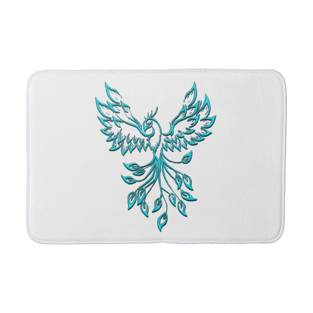 Blue Phoenix Rises on White Bath Mat (Front)