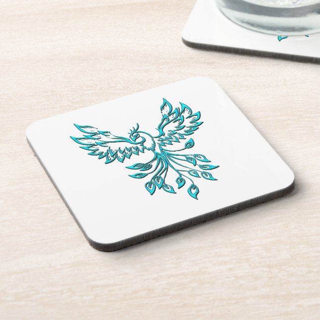 Blue Phoenix Rises on White Beverage Coaster (Left Side)