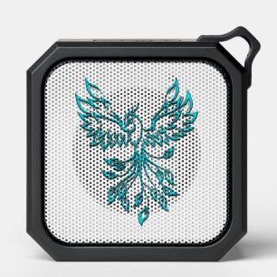 Blue Phoenix Rises on White Bluetooth Speaker