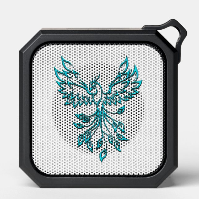Blue Phoenix Rises on White Bluetooth Speaker (Front)
