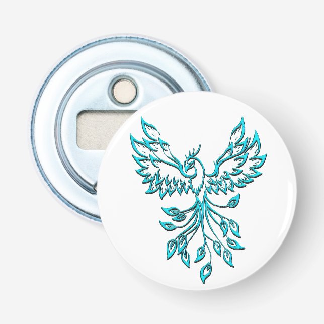 Blue Phoenix Rises on White Bottle Opener (Front)