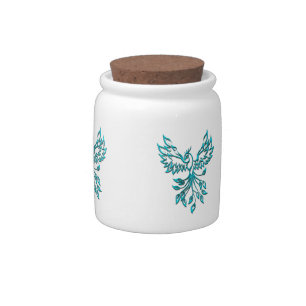 Blue Phoenix Rises on White Candy Jar