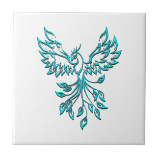 Blue Phoenix Rises on White Ceramic Tile