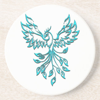 Blue Phoenix Rises on White Coaster