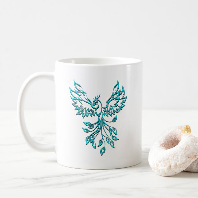 Blue Phoenix Rises on White Coffee Mug (With Donut)