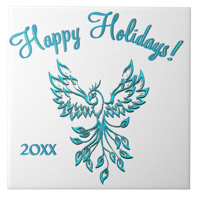 Blue Phoenix Rises on White Custom Text Ceramic Tile (Front)