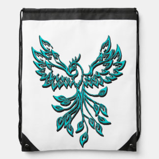 Blue Phoenix Rises on White Drawstring Bag