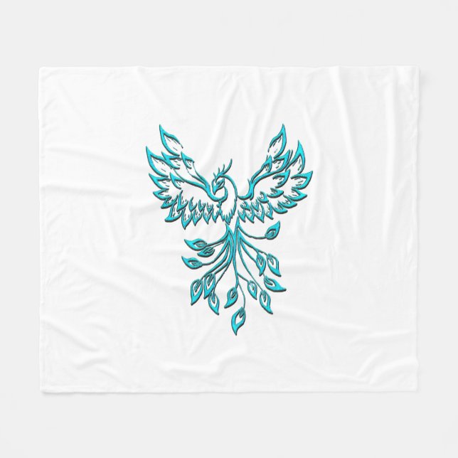 Blue Phoenix Rises on White Fleece Blanket (Front (Horizontal))