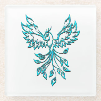 Blue Phoenix Rises on White Glass Coaster