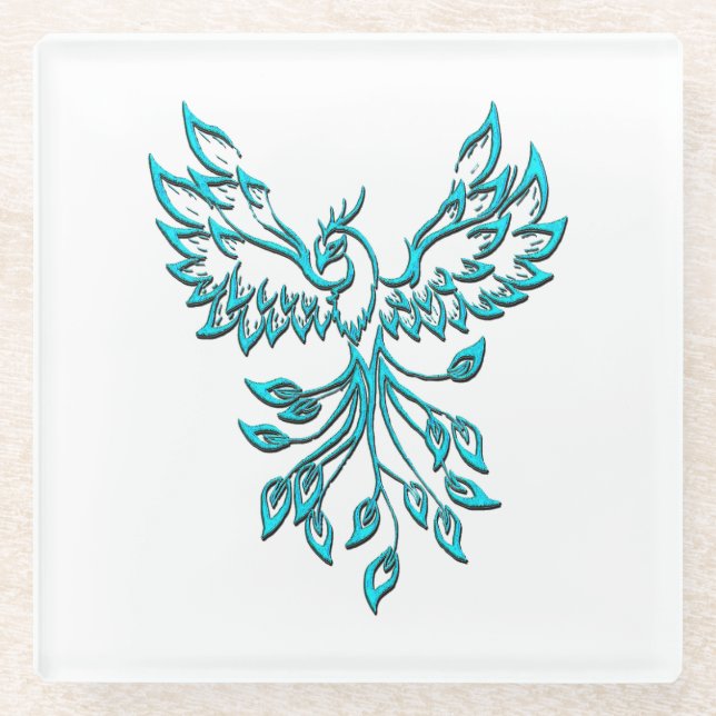 Blue Phoenix Rises on White Glass Coaster (Front)