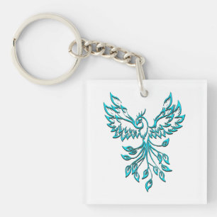 Blue Phoenix Rises on White Keychain