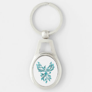 Blue Phoenix Rises on White Keychain