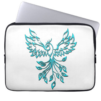 Blue Phoenix Rises on White Laptop Sleeve