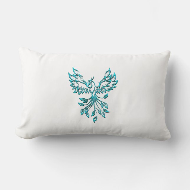 Blue Phoenix Rises on White Lumbar Pillow (Front)