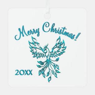 Blue Phoenix Rises on White Merry Christmas Year Metal Ornament