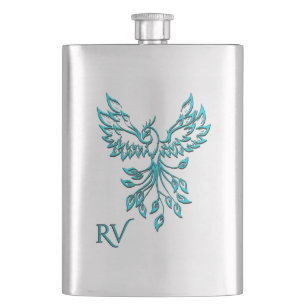 Blue Phoenix Rises on White Monogram Flask