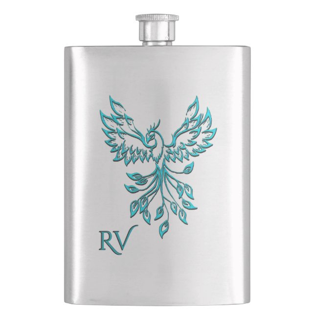 Blue Phoenix Rises on White Monogram Flask (Front)