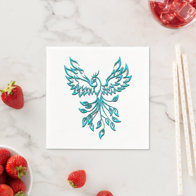 Blue Phoenix Rises on White Napkins (Insitu)