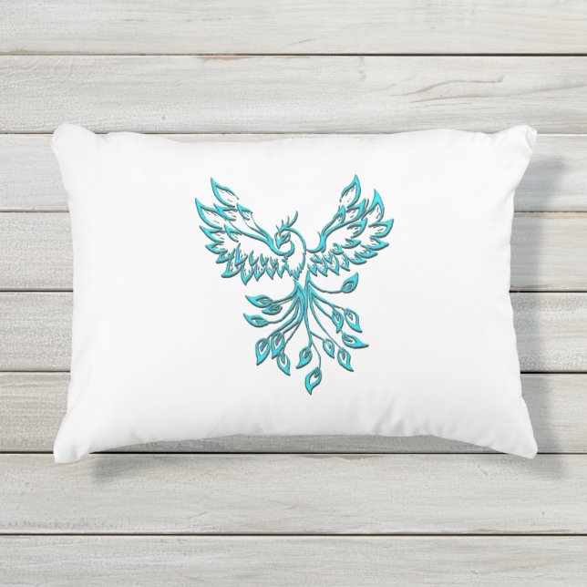 Blue Phoenix Rises on White Outdoor Pillow (Front)