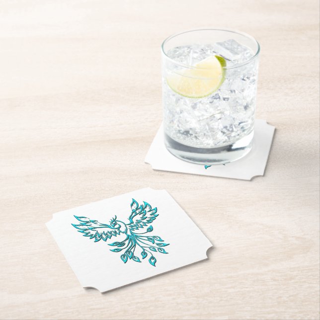 Blue Phoenix Rises on White Paper Coaster (Insitu)
