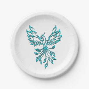 Blue Phoenix Rises on White Paper Plates