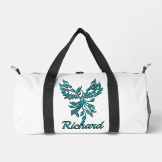 Blue Phoenix Rises on White Personal Duffle Bag