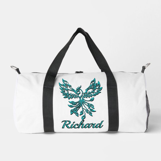 Blue Phoenix Rises on White Personal Duffle Bag (Front)