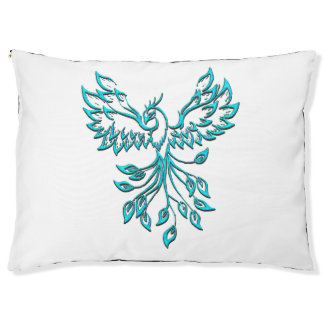 Blue Phoenix Rises on White Pet Bed
