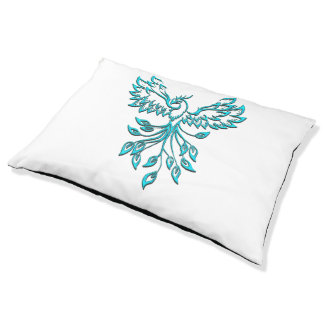 Blue Phoenix Rises on White Pet Bed