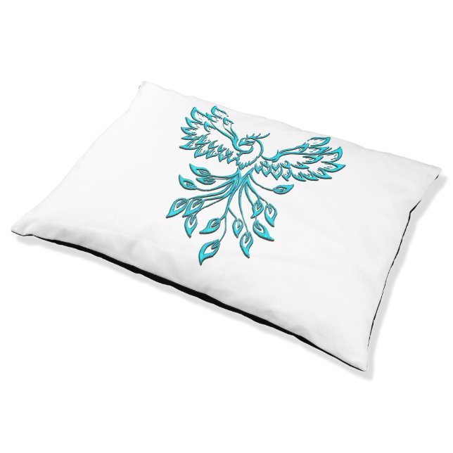 Blue Phoenix Rises on White Pet Bed (Angled)