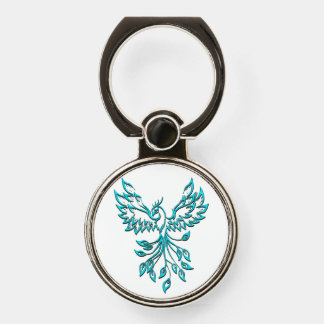 Blue Phoenix Rises on White Phone Ring Stand