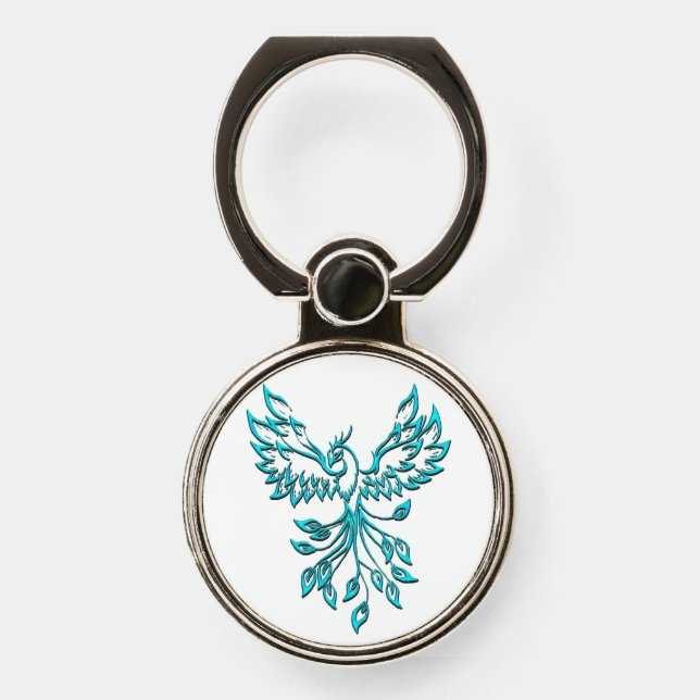 Blue Phoenix Rises on White Phone Ring Stand (Front)