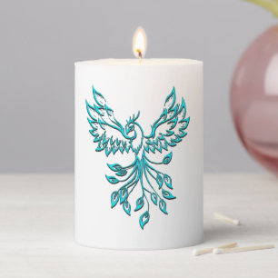 Blue Phoenix Rises on White Pillar Candle