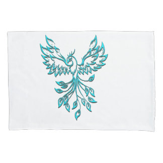 Blue Phoenix Rises on White Pillow Case