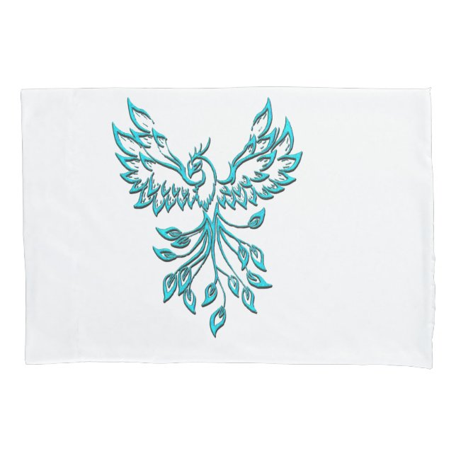 Blue Phoenix Rises on White Pillow Case (Front)