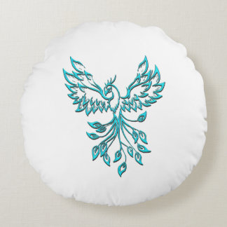 Blue Phoenix Rises on White Round Pillow
