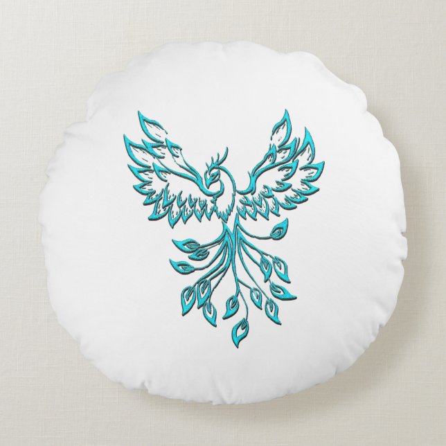 Blue Phoenix Rises on White Round Pillow (Front)