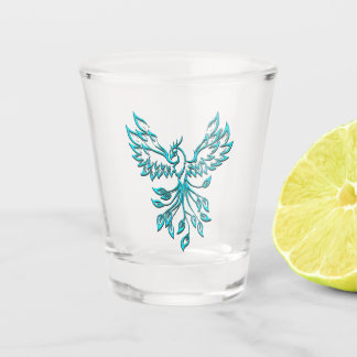 Blue Phoenix Rises on White Shot Glass