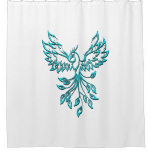 Blue Phoenix Rises on White Shower Curtain