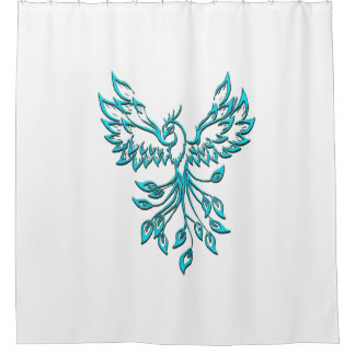 Blue Phoenix Rises on White Shower Curtain