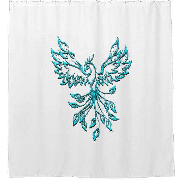 Blue Phoenix Rises on White Shower Curtain (Front)