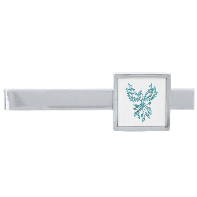 Blue Phoenix Rises on White Silver Finish Tie Bar (Front)
