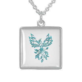 Blue Phoenix Rises on White Sterling Silver Necklace