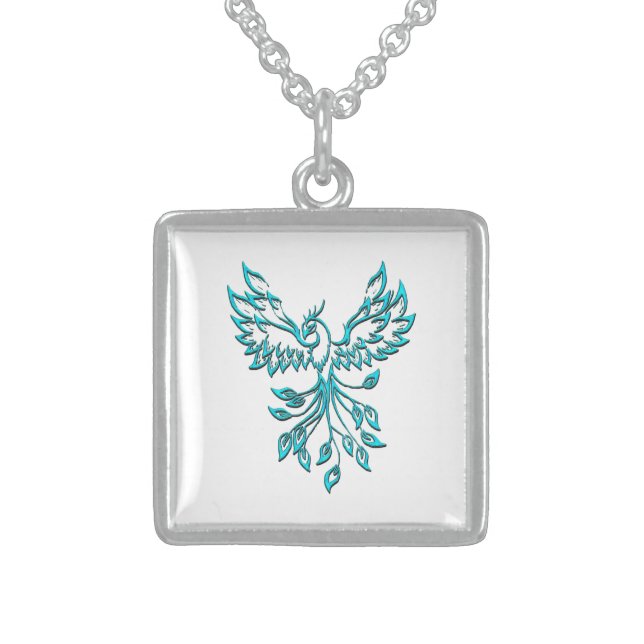 Blue Phoenix Rises on White Sterling Silver Necklace (Front)