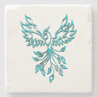 Blue Phoenix Rises on White Stone Coaster